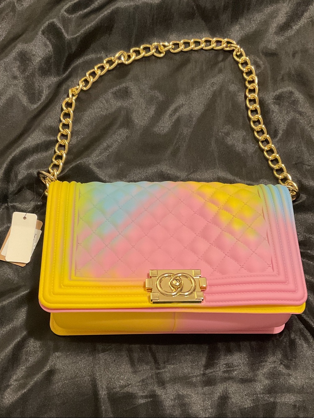Rainbow Pastel Quilted Chain Shoulder Bag - Pink, Yellow, Blue